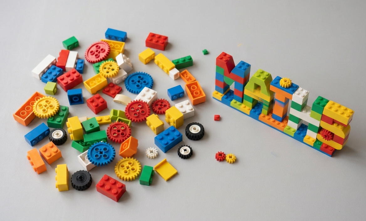 À gauche, un tas de pièces lego dépareillées ;
                à droite, les mêmes pièces assemblées pour former le mot MATHS.